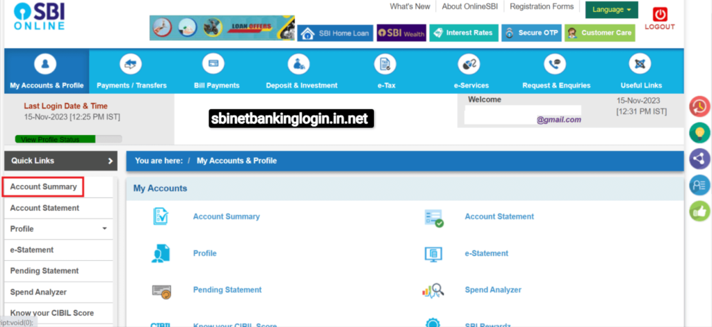 SBI Netbanking Account Summary